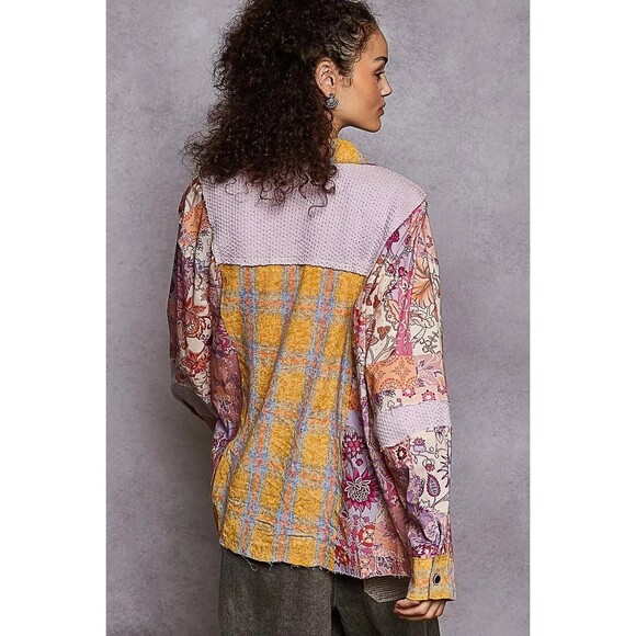 POL Printed Button Down Long Sleeve Exposed Seam Shirt - Picture 6 of 8